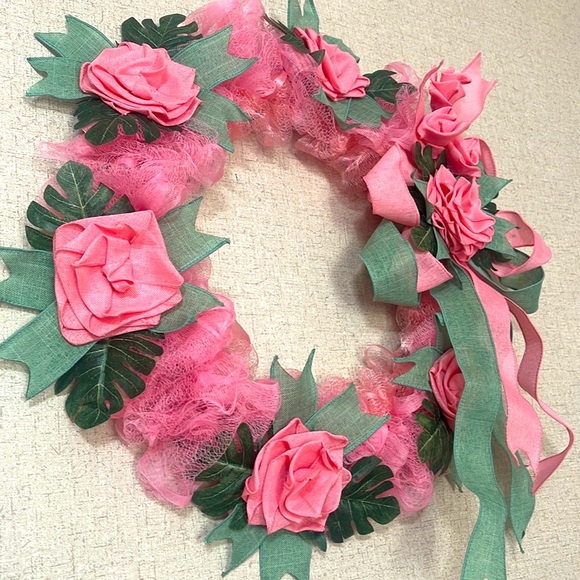 Spring Summer Mothers Day Baby Shower Pink /Green Fabric Ribbon Roses Wreath 🌸 - Picture 3 of 3